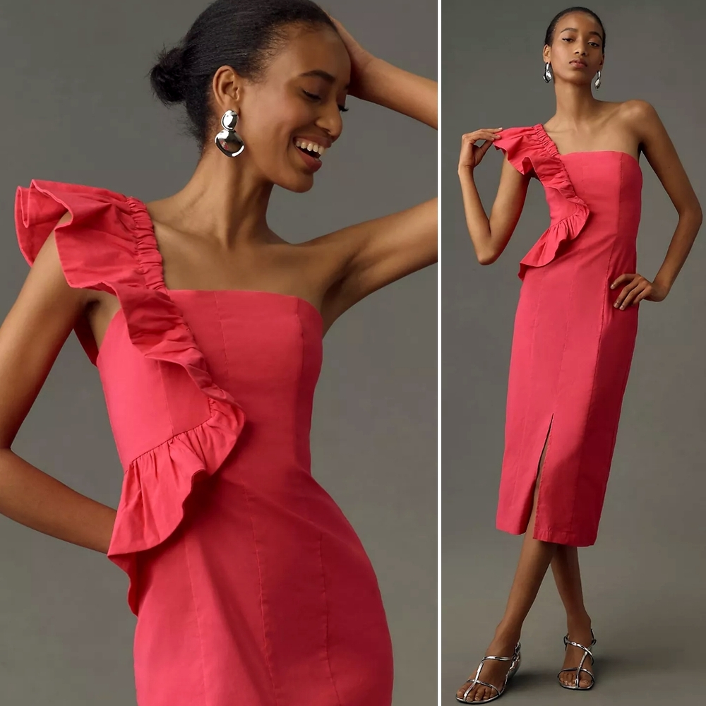 NWT, Anthropologie, Pink One-Shoulder Ruffle Column Midi Dress
